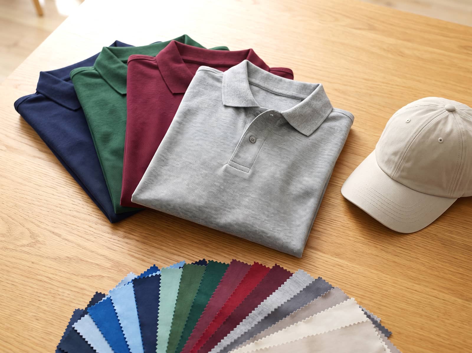Blank polo shirts in navy, forest green, burgundy and grey folded on a wooden table beside a plain cap and a wide fan of fabric colour swatches.