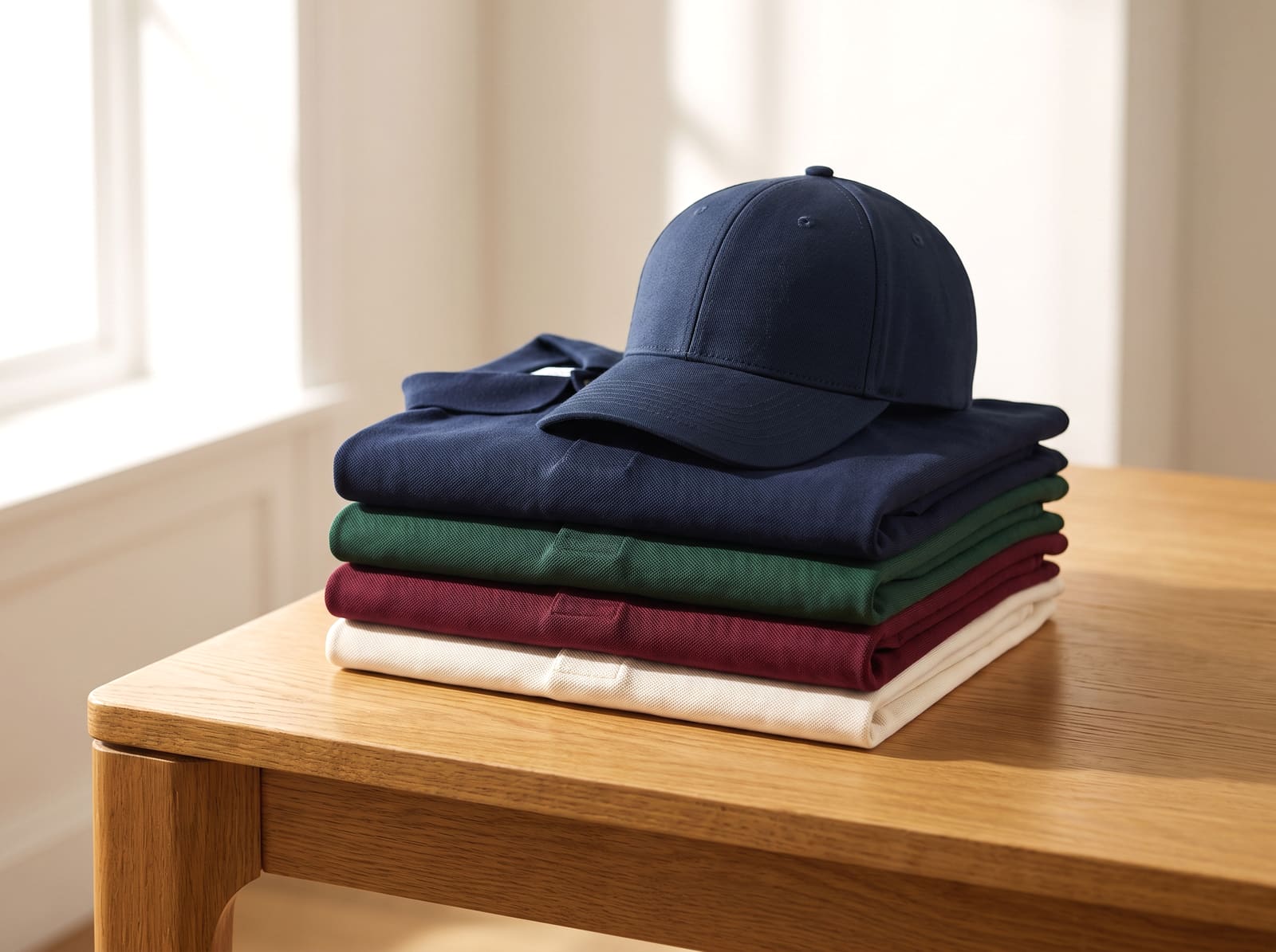 Neatly folded polo shirts and a structured cap stacked on a wooden surface.