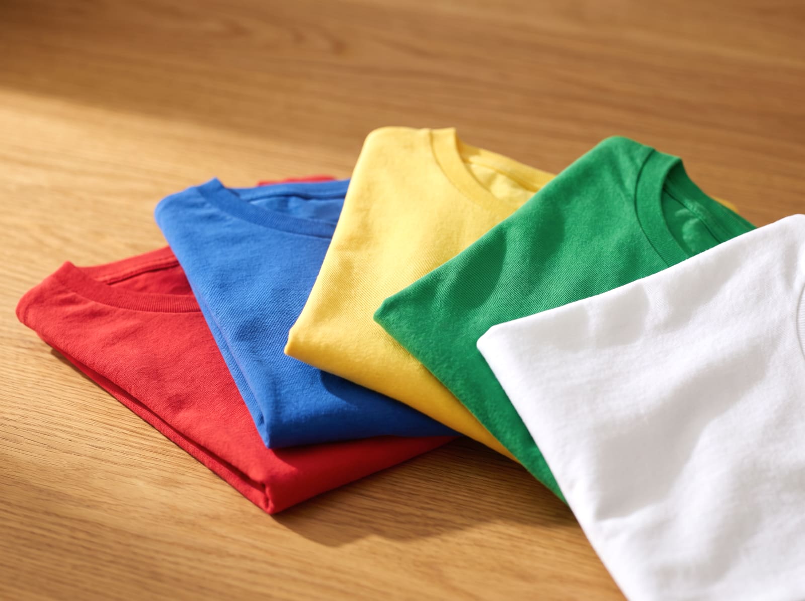 A fanned row of folded t-shirts in bright colours on a wooden surface.