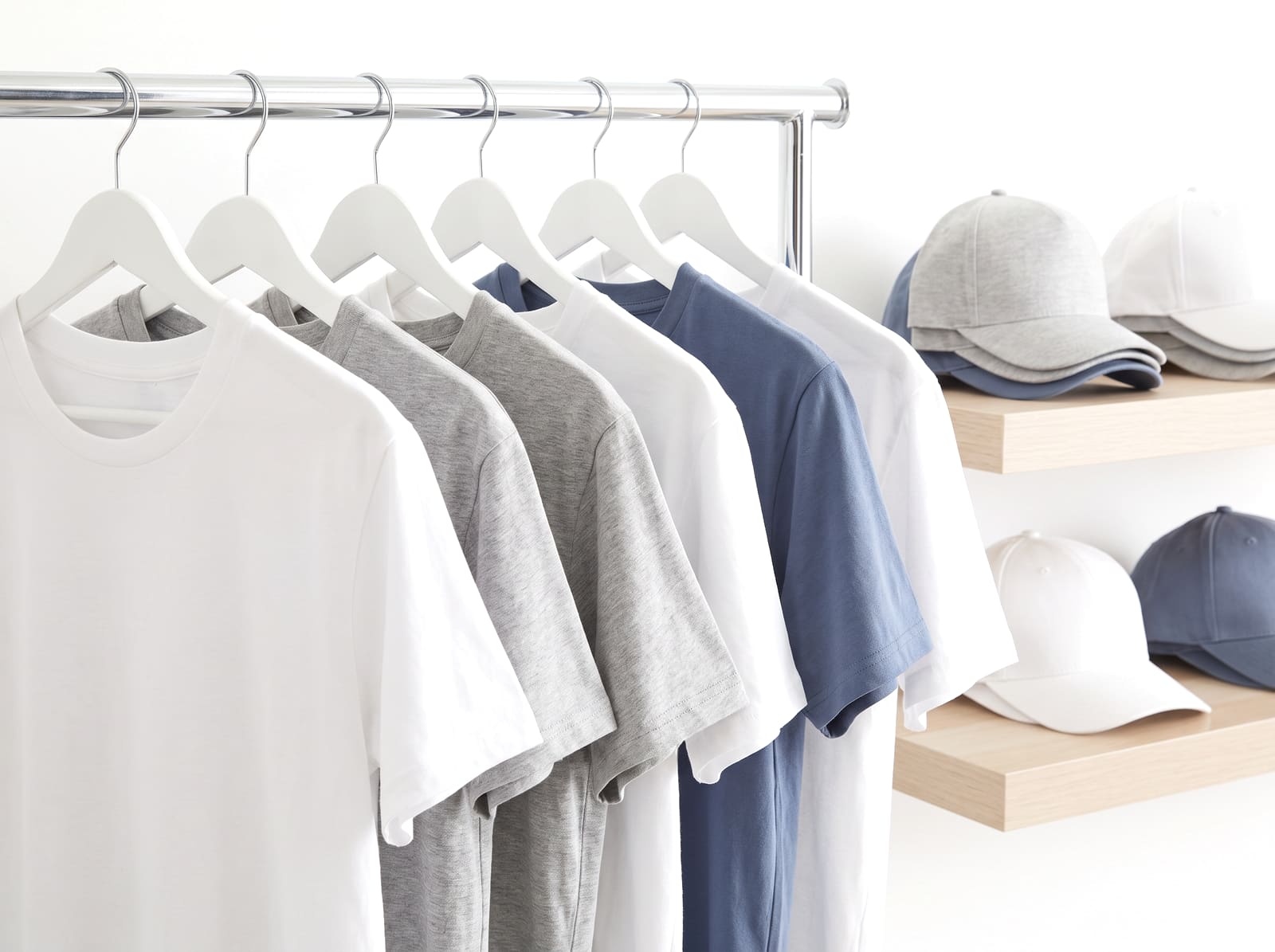 Blank t-shirts on a rail with blank caps arranged beside them.