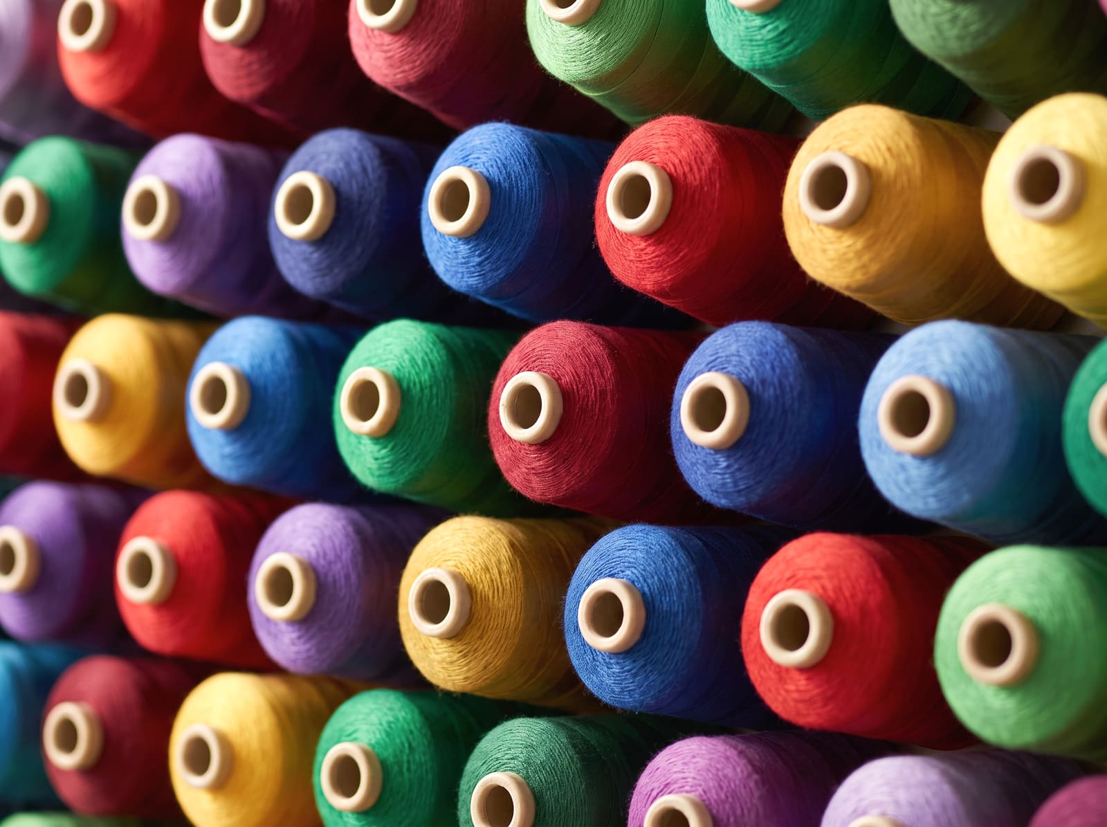 A dense wall of embroidery thread cones in many colours.